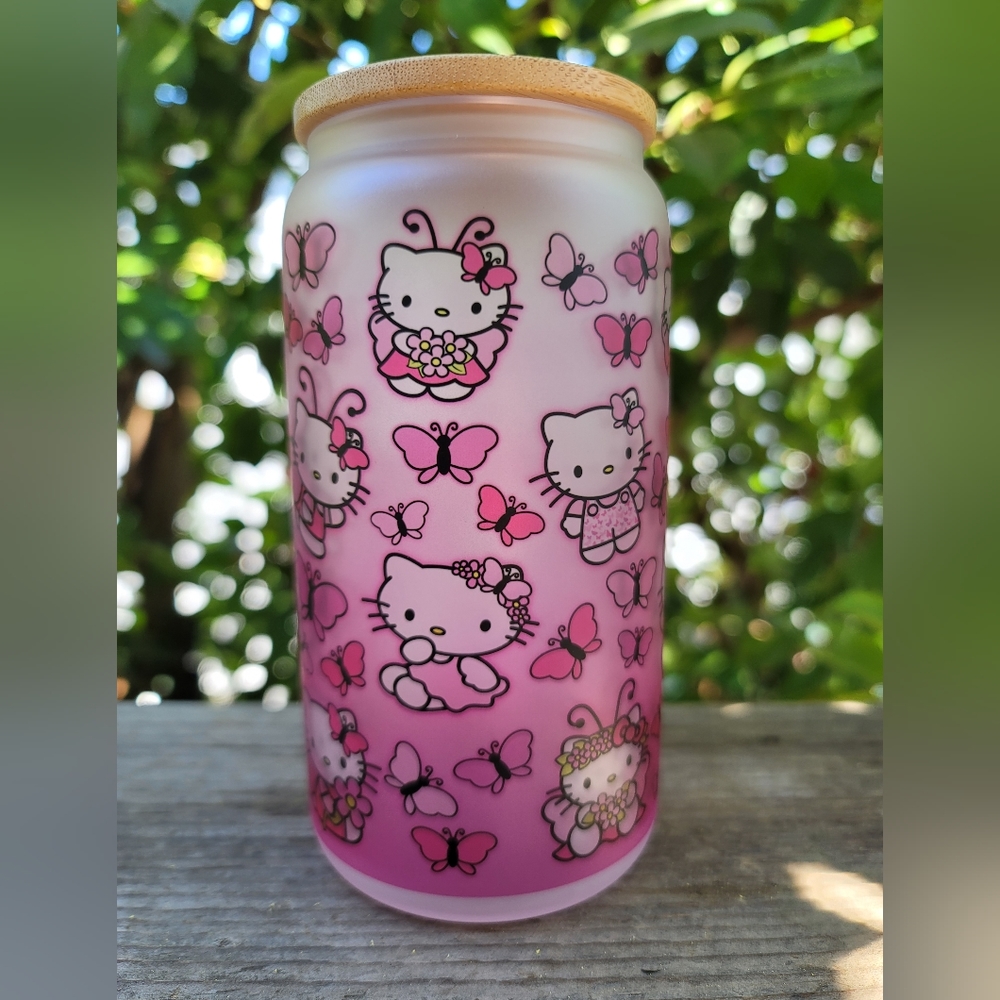 Hello Kitty Pink Butterfly 16oz Frosted Glass Tumbler